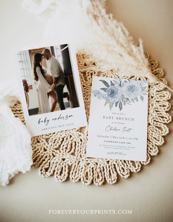 Printable Baby Brunch Invitation Boy, Baby Boy Shower Invite, Dusty Blue Floral Baby Shower