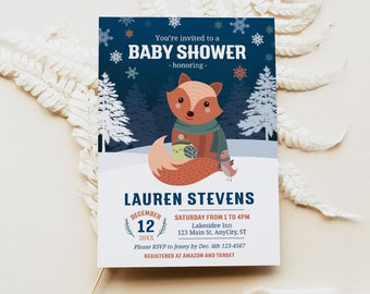 Fox Baby Shower Invitation Winter | Woodland Theme Baby Shower Invite | Customizable Baby Sprinkle Invitation | Editable with Corjl