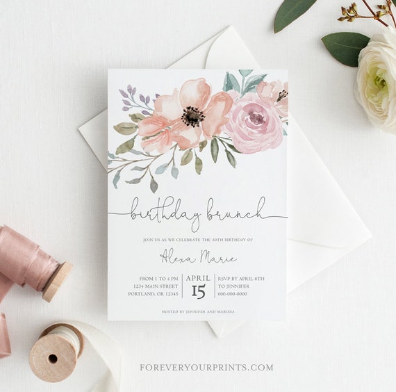 Birthday Brunch Invitation Template, Adult Birthday Invitation, Blush Pink Floral, Editable Text, Instant Download Il_570xn