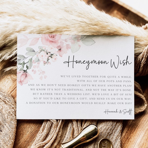 Wedding Honeymoon Wishes Card, Honeymoon Fund Card, In Lieu of Gifts, Blush Pink and Greenery, Editable Template, Digital Download