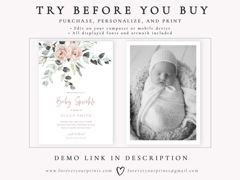 Baby Sprinkle Invitation Girl, Baby Sprinkle Invite Template, TRY BEFORE You BUY, Edit Yourself, Instant Download image 3