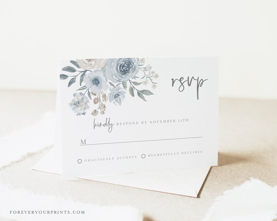 Wedding Rsvp Cards, Rsvp Card Template, Dusty Blue Floral, 100% Editable Text, Diy, Digital Download Il_570xn