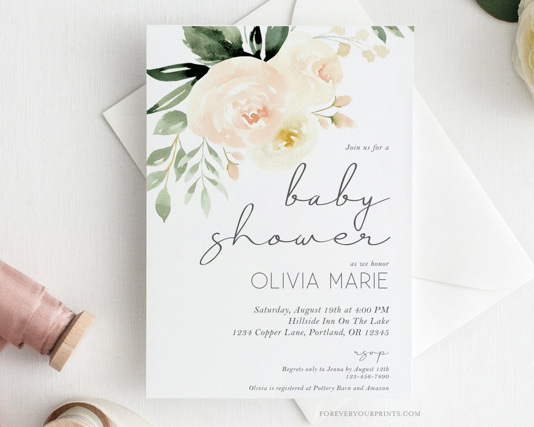 Baby Girl Shower Invitation Template, 100 Editable Text, Floral Baby