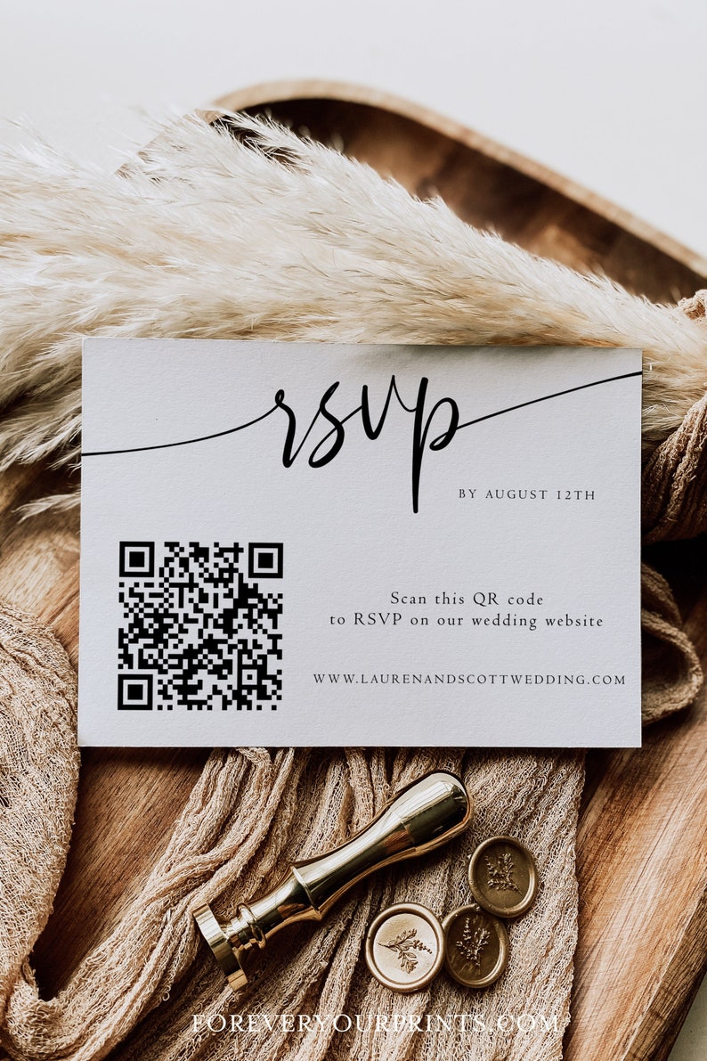 QR Code Wedding Rsvp Cards, Online Reply Card Template, Modern Minimalist, 100% Editable Text, Diy, Digital Download image 1