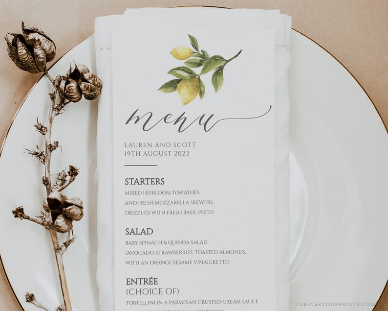 Wedding Menu Template, Wedding Table Decor, Lemon Wedding, Dinner Menu, Digital Download image 2