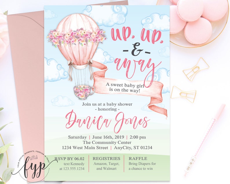 Hot Air Balloon Baby Shower Invitation Girl Etsy Hot Air Balloon Baby Shower Invitation Girl Etsy