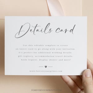 Cartão de detalhes editável, modelo de inserção de casamento, cartão de registro, inserção de convite minimalista, detalhes de chá de bebê, download instantâneo
