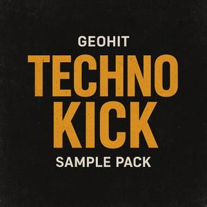 May include: A black background with the words "GEOHIT" in white at the top. Below, large orange text reads "TECHNO KICK" stacked vertically, with "SAMPLE PACK" in white at the bottom. The overall design is bold and modern.