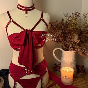 May include: A red lingerie set displayed on a mannequin. The set includes a bow-front bra, high-waisted bottoms with garter straps, and a choker. The material is shiny and silky. The text "wee chill" is visible on the bra.