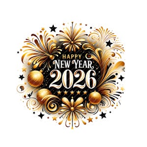 May include: A festive New Year's design for 2026, featuring gold fireworks, stars, and ornaments. The text "Happy New Year" and the year 2026 are prominently displayed in white against a black background, surrounded by gold embellishments.