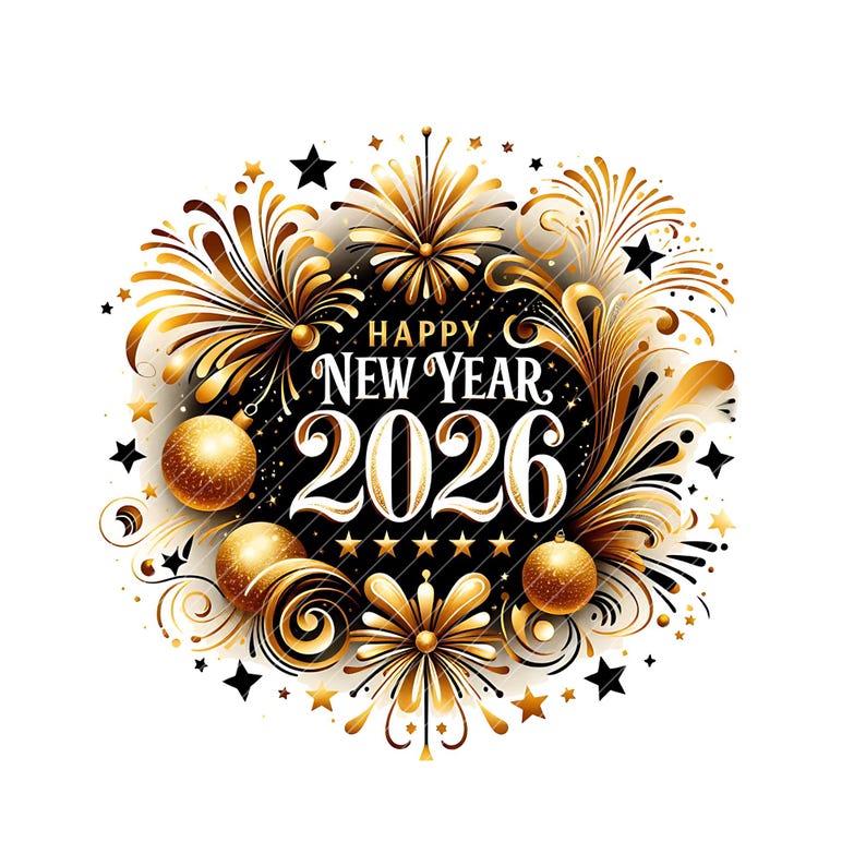 May include: A festive New Year's design for 2026, featuring gold fireworks, stars, and ornaments. The text "Happy New Year" and the year 2026 are prominently displayed in white against a black background, surrounded by gold embellishments.