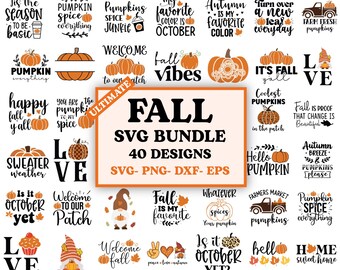 Pode incluir: Uma coleção de 40 designs SVG com tema de outono. Os designs incluem abóboras, folhas de outono e frases como "Hello Pumpkin" e "Fall Vibes". A paleta de cores é principalmente laranja, preto e branco. Formatos SVG, PNG, DXF e EPS.