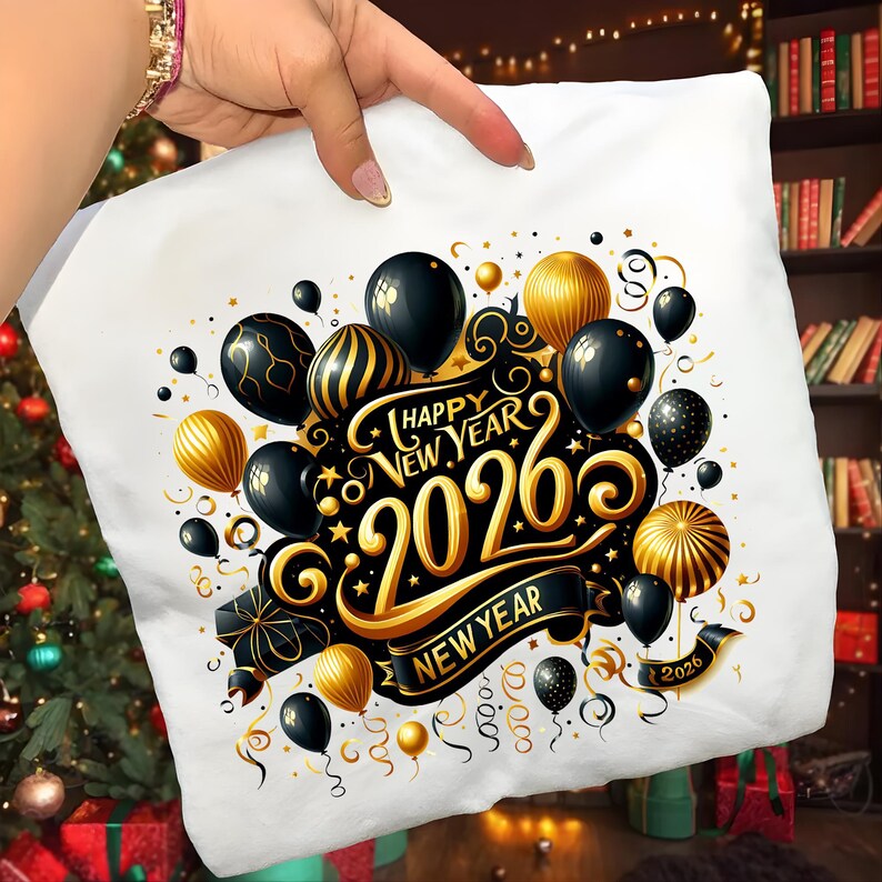 May include: White pillow with a festive design featuring black and gold balloons, the text "Happy New Year 2026", and a banner that reads "New Year". The design includes stars and decorative swirls, perfect for holiday decor.