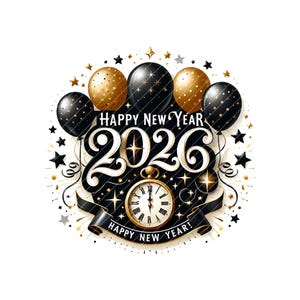 May include: A festive New Year's design with black and gold balloons, stars, and a pocket watch. The text reads "Happy New Year 2026". The design is set against a white background, perfect for holiday celebrations.