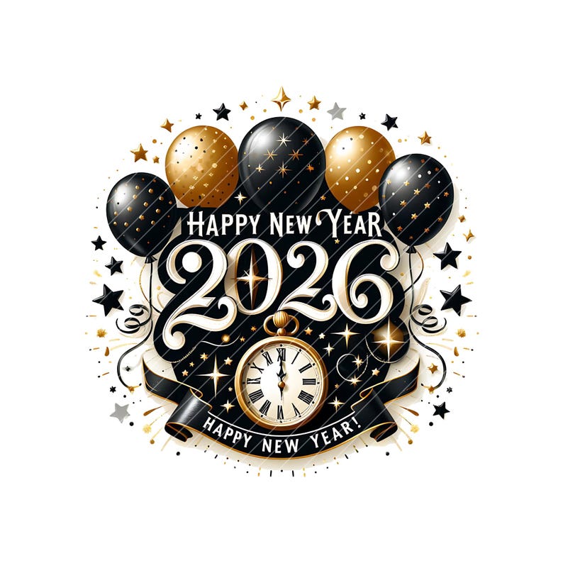 May include: A festive New Year's design with black and gold balloons, stars, and a pocket watch. The text reads "Happy New Year 2026". The design is set against a white background, perfect for holiday celebrations.