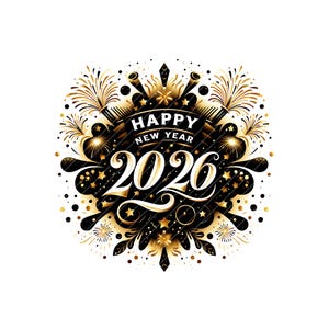 May include: A black and gold New Year's design with the text "HAPPY NEW YEAR 2020". The design features fireworks, stars, and decorative elements. The text is in a stylized font, with a celebratory theme.