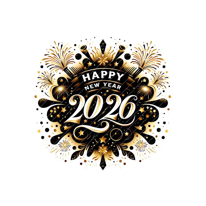 May include: A black and gold New Year's design with the text "HAPPY NEW YEAR 2020". The design features fireworks, stars, and decorative elements. The text is in a stylized font, with a celebratory theme.