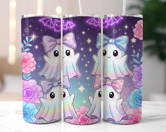 Cute Coquette Halloween Ghost 20oz Skinny Tumbler Wrap, Halloween tumbler Sublimation Design, Neon Spooky Season PNG, Digital Download