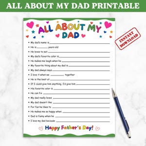 Tout sur la carte imprimable de la fête des pères de mon père, questionnaire pour les papas, remplir le blanc, cadeau papa personnalisé par les enfants, téléchargement immédiat