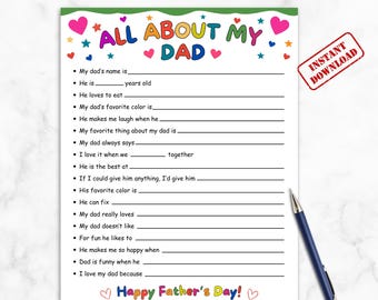 Biglietto stampabile per la festa del papà "Tutto su mio padre", questionario per papà, compila gli spazi vuoti, regalo personalizzato per papà dai bambini, download immediato