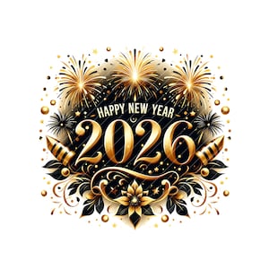 May include: A festive New Year's design with gold fireworks, stars, and decorative elements. The text "HAPPY NEW YEAR 2026" is prominently displayed in gold against a black background, surrounded by floral and ornamental details. The overall design is celebratory.
