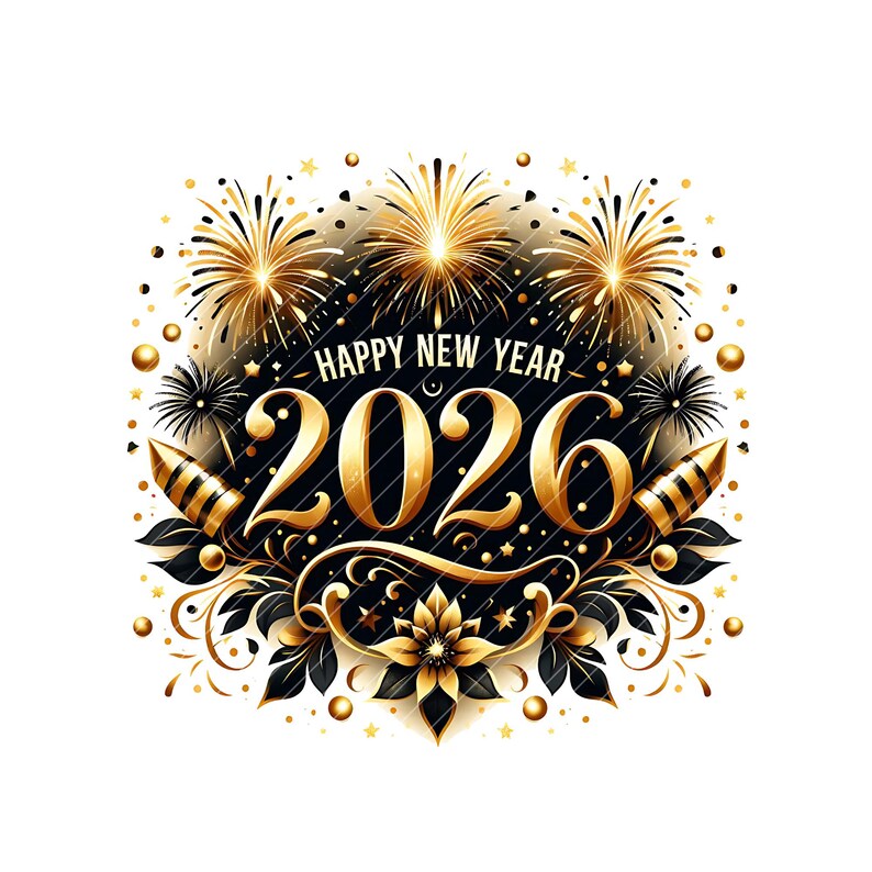 May include: A festive New Year's design with gold fireworks, stars, and decorative elements. The text "HAPPY NEW YEAR 2026" is prominently displayed in gold against a black background, surrounded by floral and ornamental details. The overall design is celebratory.