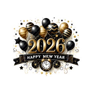 May include: A festive New Year's design featuring the year 2026 in gold, surrounded by black and gold balloons, stars, and a banner that reads "Happy New Year." An antique clock is also included.