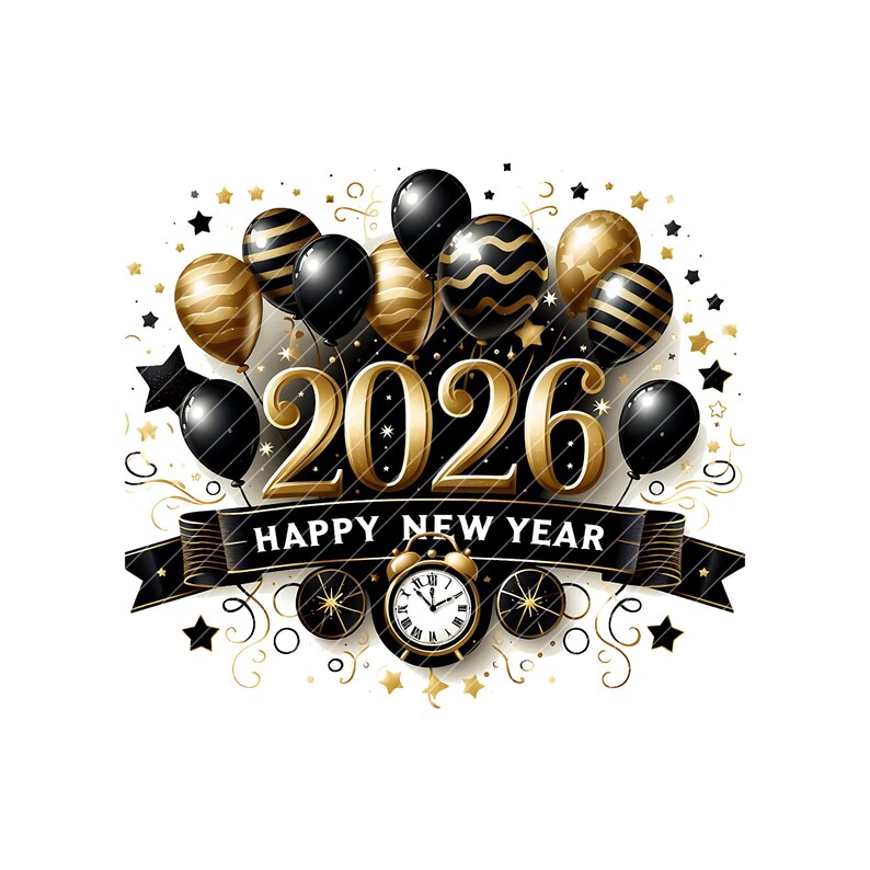 May include: A festive New Year's design featuring the year 2026 in gold, surrounded by black and gold balloons, stars, and a banner that reads "Happy New Year." An antique clock is also included.