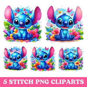 5 Png Stitch Cliparts, Stitch Summer Vibes Png, Stitch Floral Png, 300 Dpi High-Res Sublimation Png, Cartoon Stitch Instant Digital Download