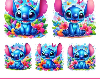 5 clipart di Stitch in formato PNG, Stitch Summer Vibes in formato PNG, Stitch Floral in formato PNG, Sublimazione ad alta risoluzione a 300 DPI, Download digitale istantaneo di Stitch in formato PNG