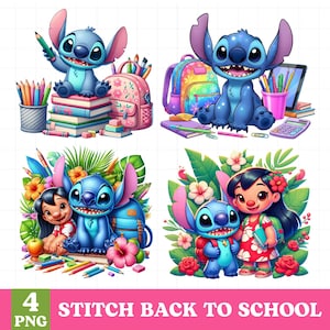 4 Stitch Back To School Png Bundle, Cute Stitch Floral Png, Blue Alien Back To School Png, Good Quality Transparent Png, Digital Download