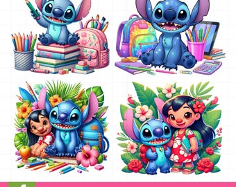 4-stygn tillbaka till skolan png-paket, söta stygnblommor png, blå alien tillbaka till skolan png, transparent png av god kvalitet, digital nedladdning