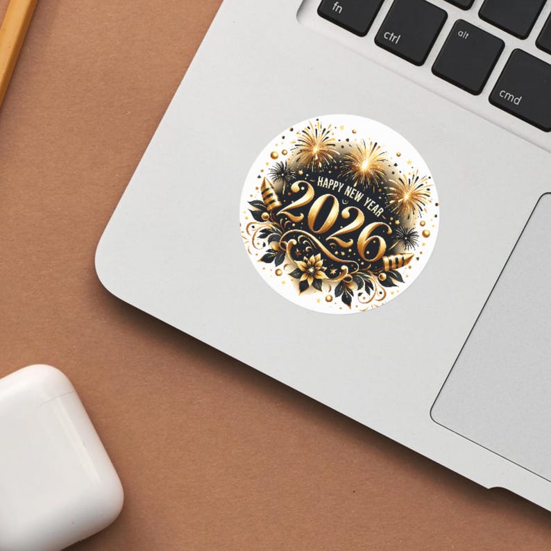 May include: A round sticker with a festive design for the New Year 2026. The sticker features gold fireworks, floral elements, and the text "HAPPY NEW YEAR 2026" in gold and black. The sticker is on a white background.