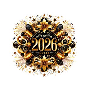 May include: A festive New Year's design with a black and gold color scheme. The central element is a circular emblem with "2026" in gold, surrounded by "HAPPY NEW YEAR". The design includes gold stars, flowers, and decorative elements.