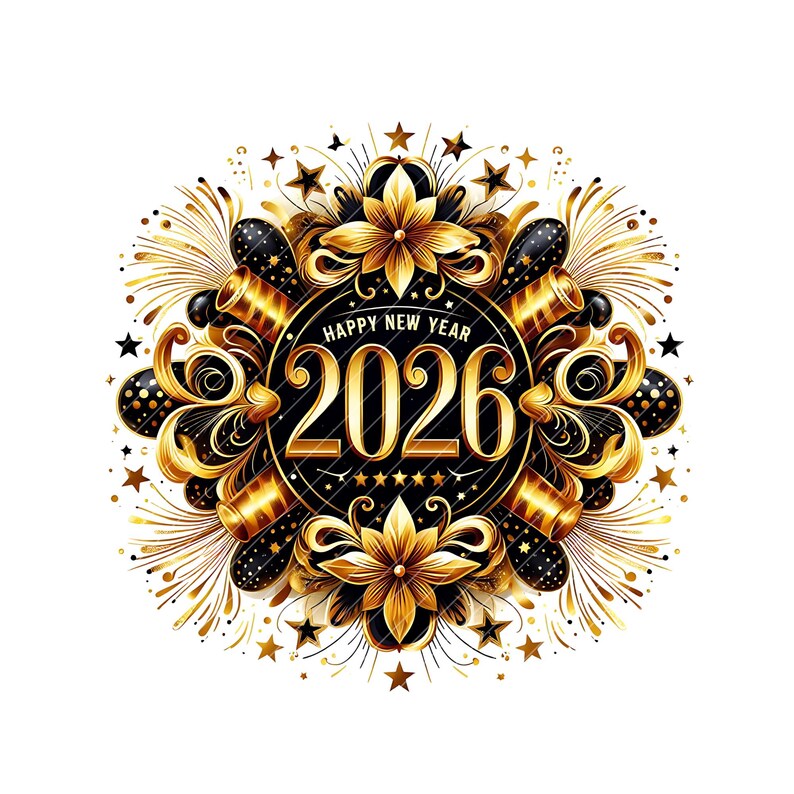 May include: A festive New Year's design with a black and gold color scheme. The central element is a circular emblem with "2026" in gold, surrounded by "HAPPY NEW YEAR". The design includes gold stars, flowers, and decorative elements.