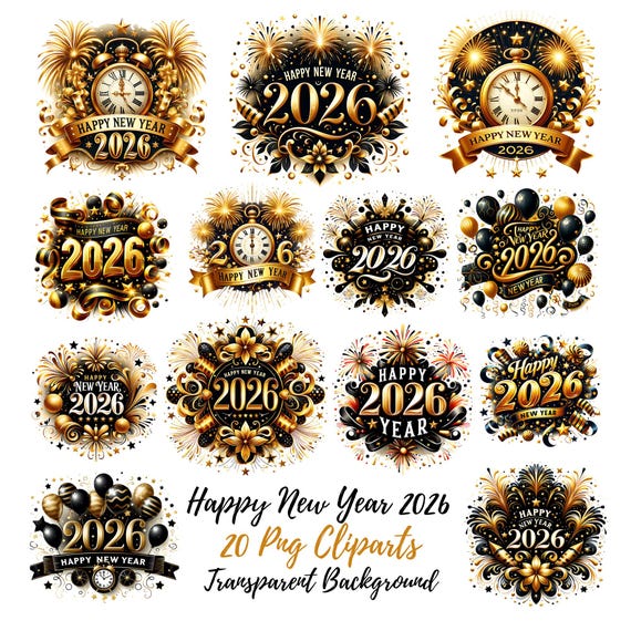Happy New Year 2026 PNG Cliparts Bundle, 2026 New year PNG, Gold Glitter New year png, High Quality Watercolor Cliparts, Instant Download
