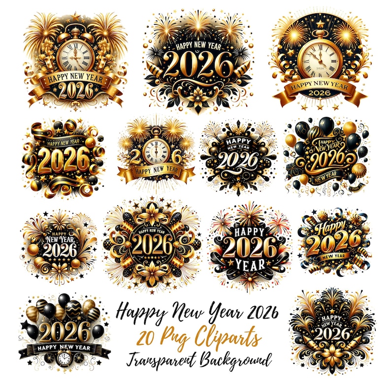 May include: A collection of 20 gold and black Happy New Year 2026 clip art designs. Each design features fireworks, clocks, ribbons, and decorative elements. The text "Happy New Year 2026" is prominently displayed.