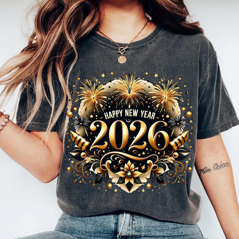 May include: Dark gray t-shirt with a gold and black graphic design for the New Year 2026. The design includes fireworks, floral elements, and the text "HAPPY NEW YEAR". The shirt is a casual style.