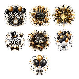 May include: A collection of seven New Year's Eve designs in black and gold. Each design features the text "Happy New Year 2026" with elements like balloons, gifts, fireworks, a top hat, bow tie, and ribbons. The designs are circular and festive.