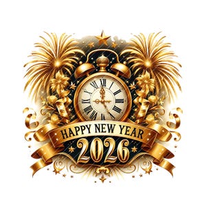 May include: A gold-colored illustration for New Year 2026. The design features a clock with Roman numerals, fireworks, and a banner that reads "Happy New Year 2026". The overall theme is celebratory and festive.