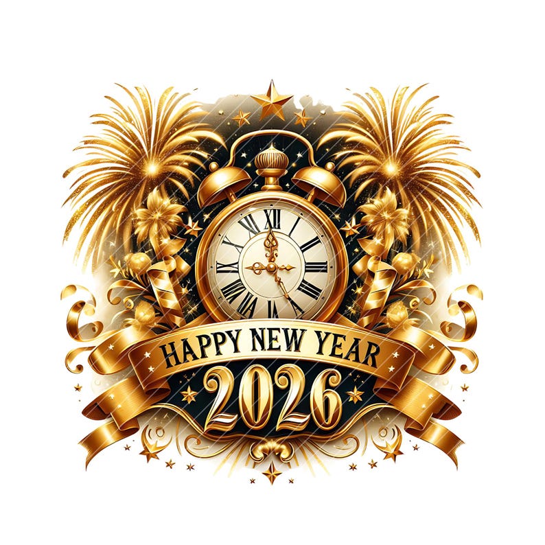 May include: A gold-colored illustration for New Year 2026. The design features a clock with Roman numerals, fireworks, and a banner that reads "Happy New Year 2026". The overall theme is celebratory and festive.
