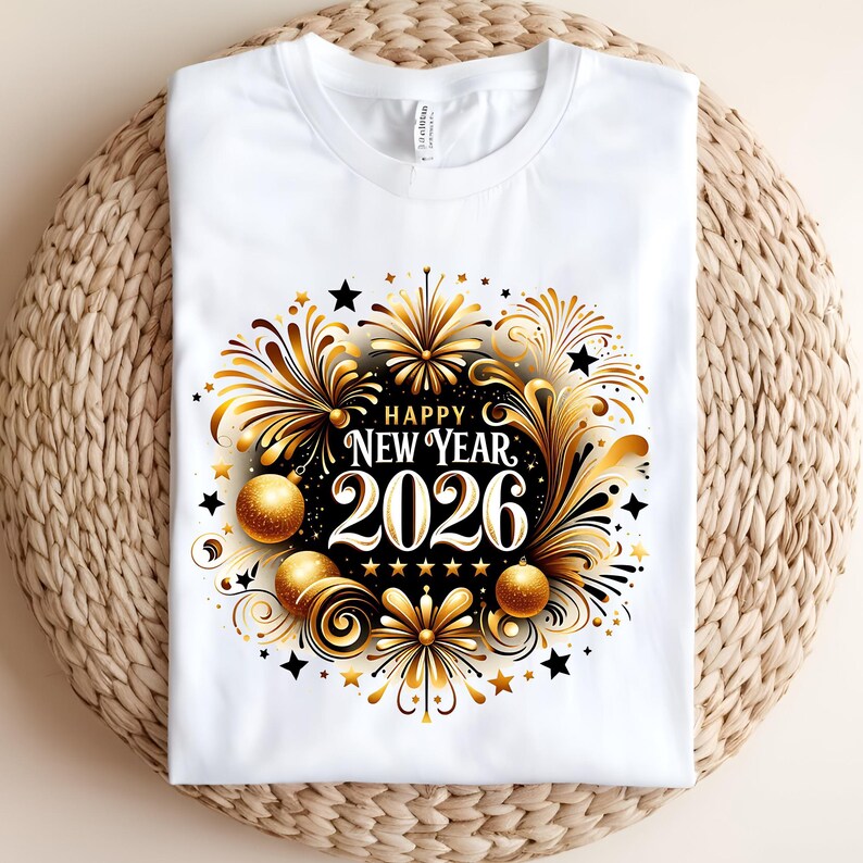 May include: White t-shirt with a festive New Year's design. The graphic features gold and black fireworks, stars, and ornaments surrounding the text "HAPPY NEW YEAR 2026". The shirt is made of a soft material and is perfect for celebrating the new year.