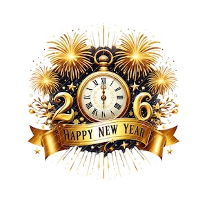May include: A gold-colored illustration for New Year's. It features a pocket watch with Roman numerals, the numbers "2" and "6", fireworks, and a banner that reads "Happy New Year". The background is dark blue with gold stars.