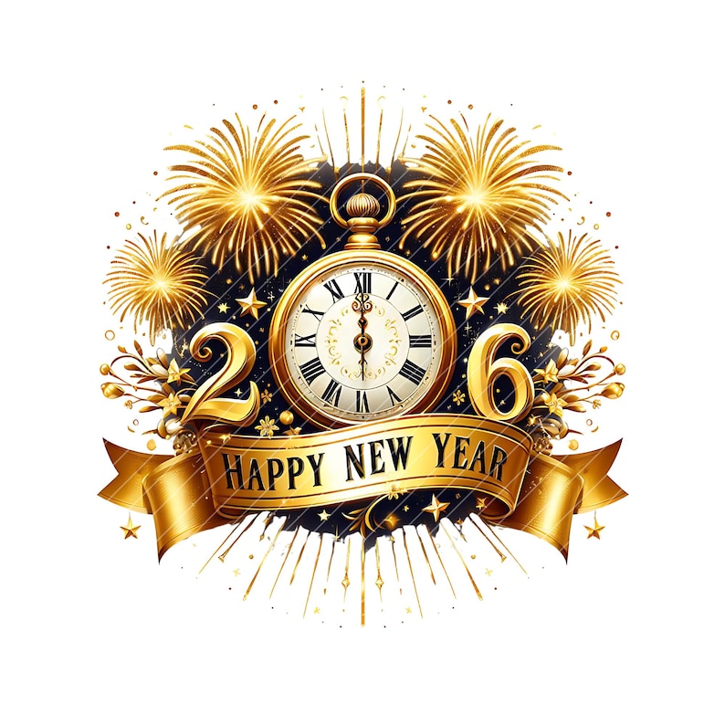 May include: A gold-colored illustration for New Year's. It features a pocket watch with Roman numerals, the numbers "2" and "6", fireworks, and a banner that reads "Happy New Year". The background is dark blue with gold stars.