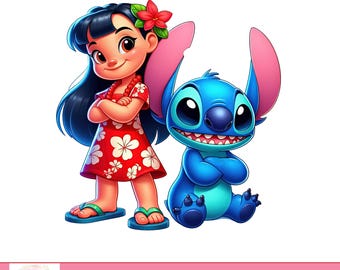 May include: Digital illustration of Lilo and Stitch from the Disney movie Lilo & Stitch. Lilo is wearing a red dress with white flowers and Stitch is blue. The image has a white background and the text "300DPI PNG FILE" in pink.