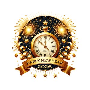 May include: A gold-colored pocket watch with Roman numerals and the year 2026, set against a dark blue background with stars and fireworks. A gold ribbon below reads "HAPPY NEW YEAR 2026". Decorative gold flourishes and stars surround the watch.