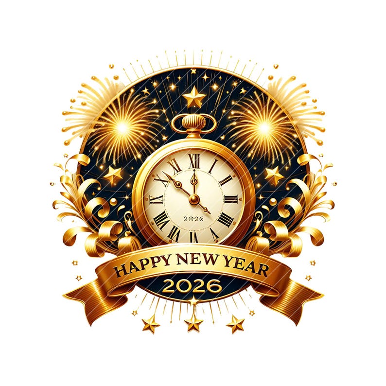 May include: A gold-colored pocket watch with Roman numerals and the year 2026, set against a dark blue background with stars and fireworks. A gold ribbon below reads "HAPPY NEW YEAR 2026". Decorative gold flourishes and stars surround the watch.