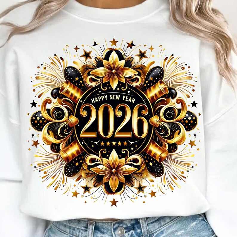 May include: White sweatshirt with a festive New Year's design. The graphic features a black and gold circular emblem with the year 2026, surrounded by stars, fireworks, and floral elements. The words "Happy New Year" are above the year.