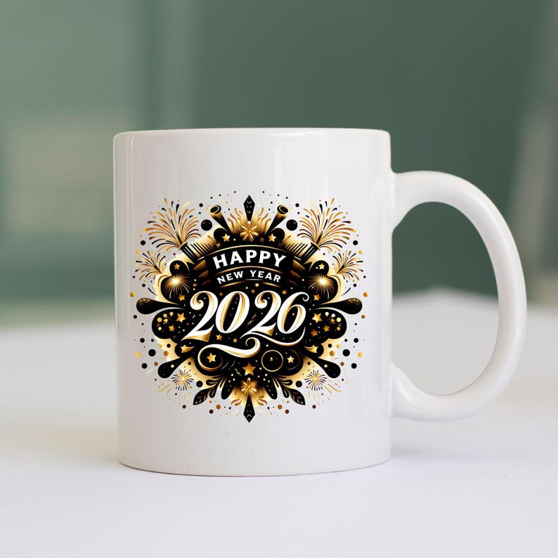 May include: White ceramic mug with a black and gold "Happy New Year 2026" design. The design features fireworks, stars, and decorative elements. The mug has a curved handle and a smooth, glossy finish.