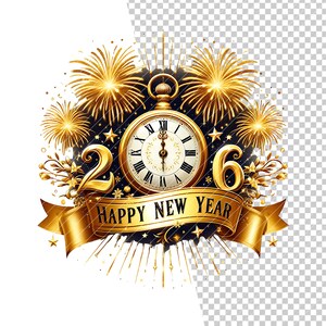 May include: A gold and black New Year's graphic with a pocket watch, fireworks, and the numbers 2 and 6. A gold ribbon displays the text "HAPPY NEW YEAR". Stars and floral accents complete the design.